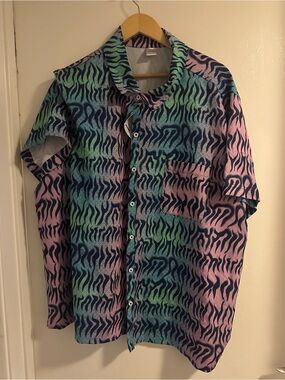 TomboyX Pastel Wave-Stripe Short-Sleeve Coverup Cabaña top in Pink, Blue, Green